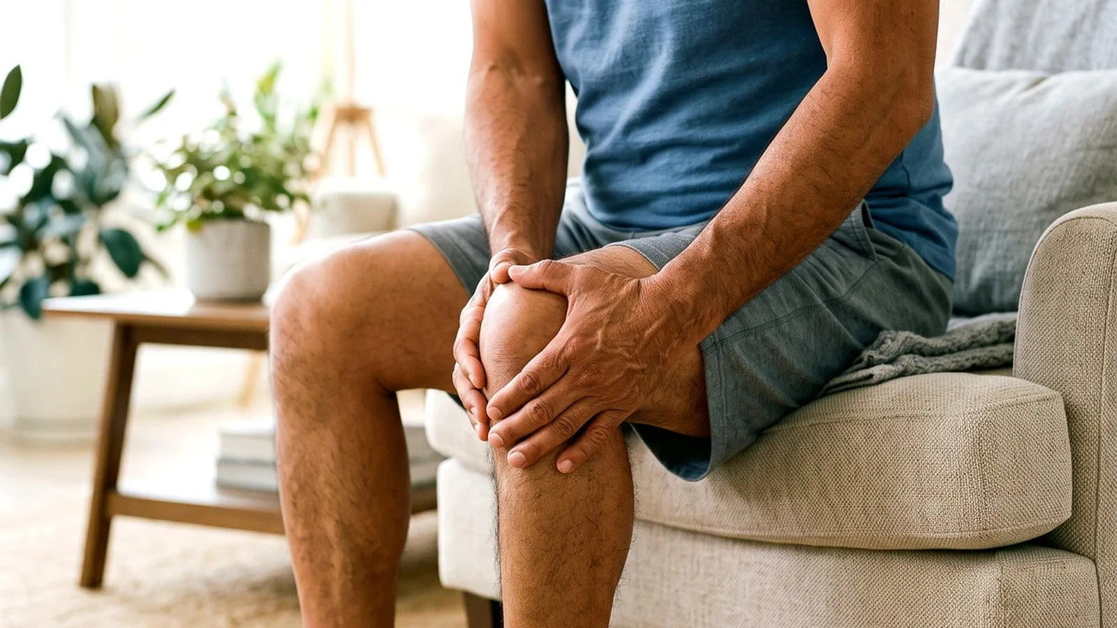 Hombre sentado sujetándose la rodilla por dolor articular